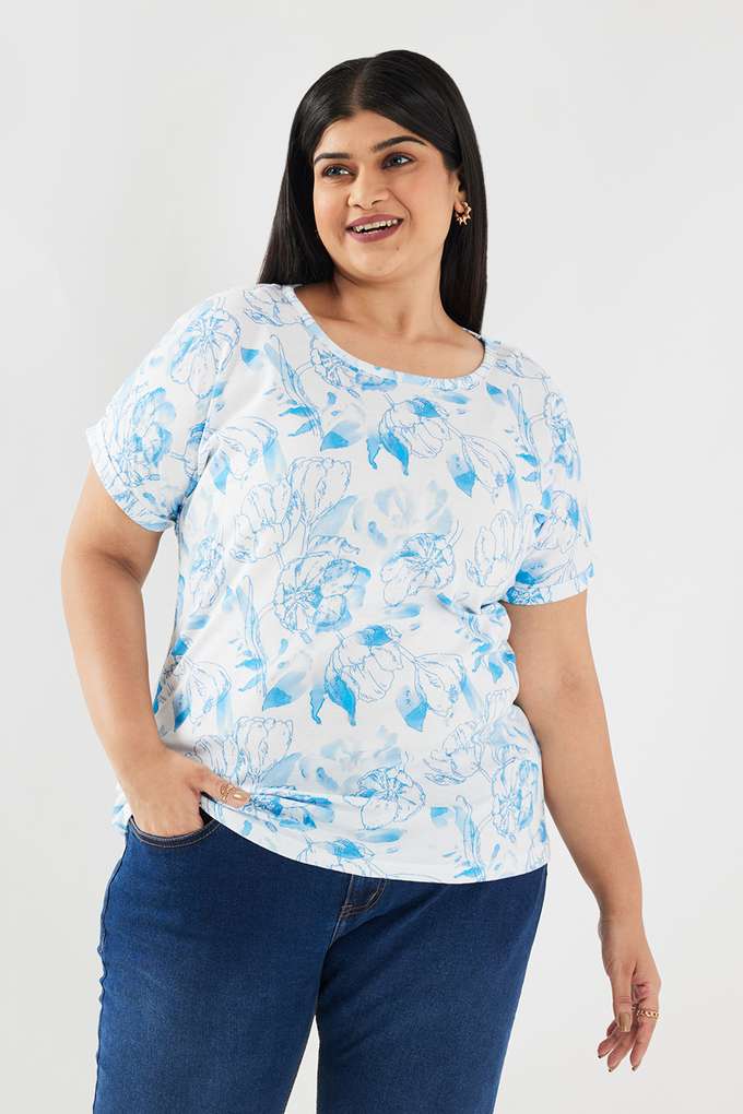 Floral-Blended-Fabric-Round-Neck-Women-s-Top