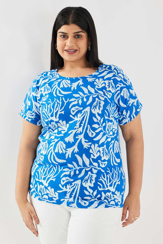 Floral-Blended-Fabric-Round-Neck-Women-s-Top