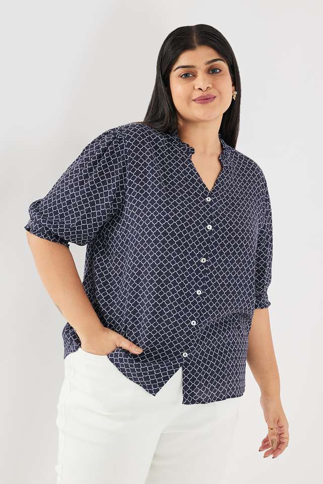 Geometric-Print-Blended-Fabric-V-Neck-Women-s-Top