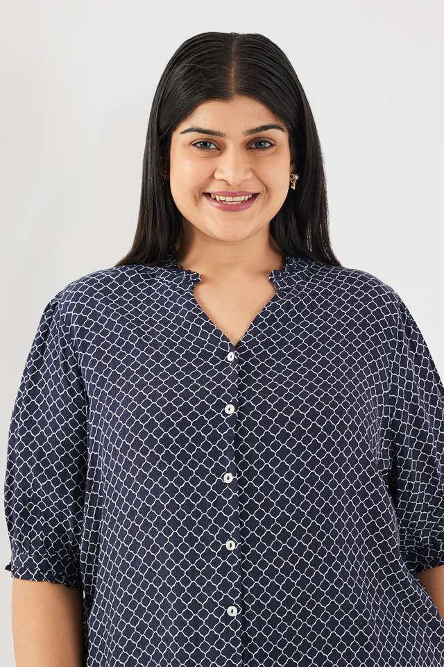 Geometric-Print-Blended-Fabric-V-Neck-Women-s-Top