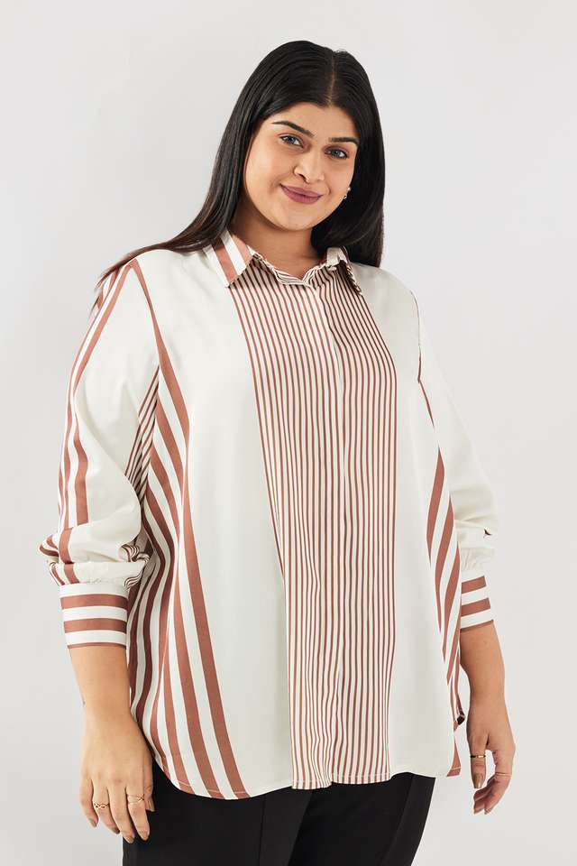 Stripes-Blended-Fabric-Collared-Women-s-Top