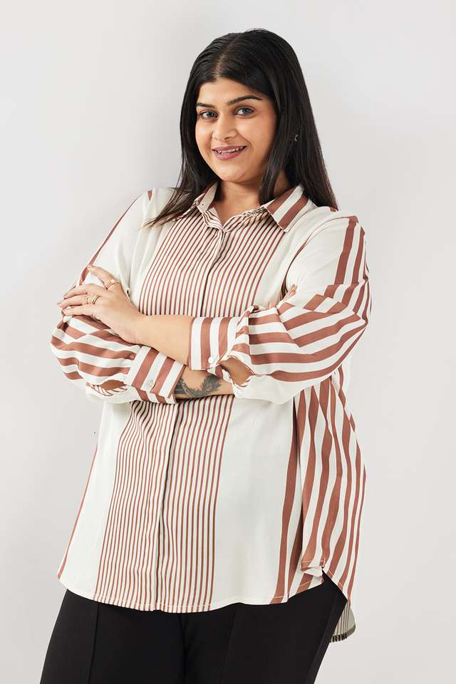 Stripes-Blended-Fabric-Collared-Women-s-Top