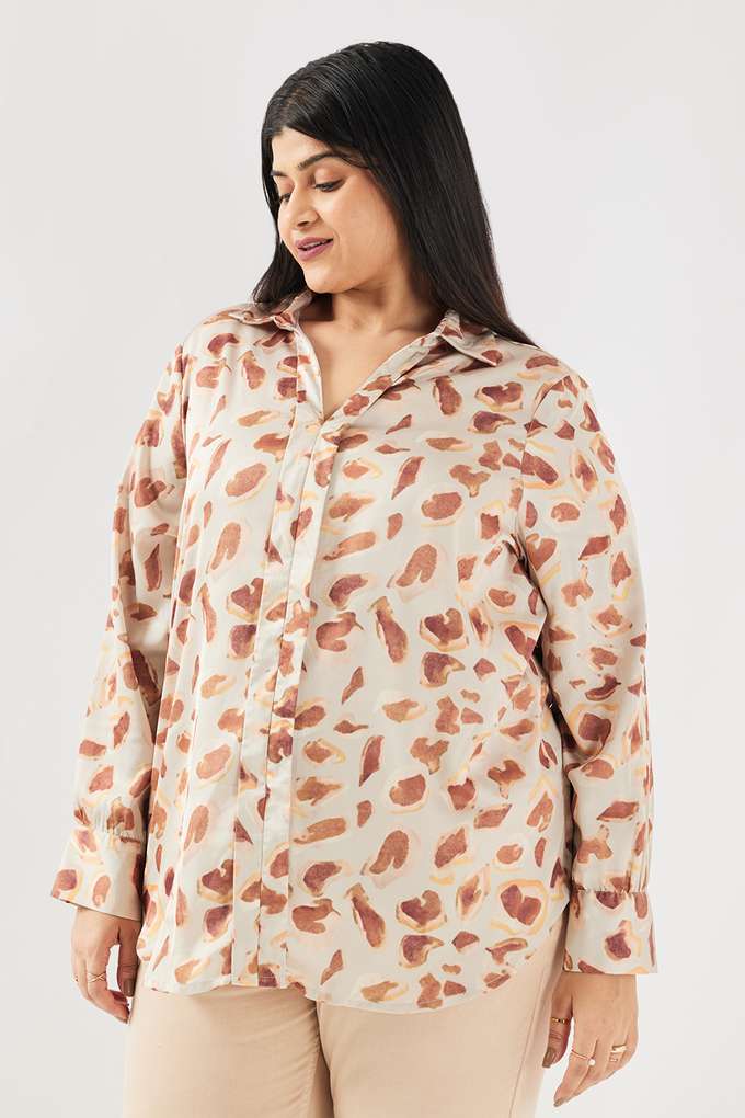 Printed-Blended-Fabric-Collared-Women-s-Top