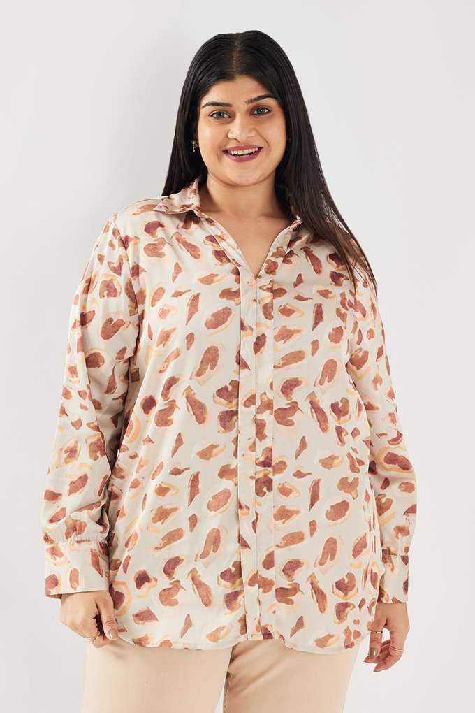 Printed-Blended-Fabric-Collared-Women-s-Top