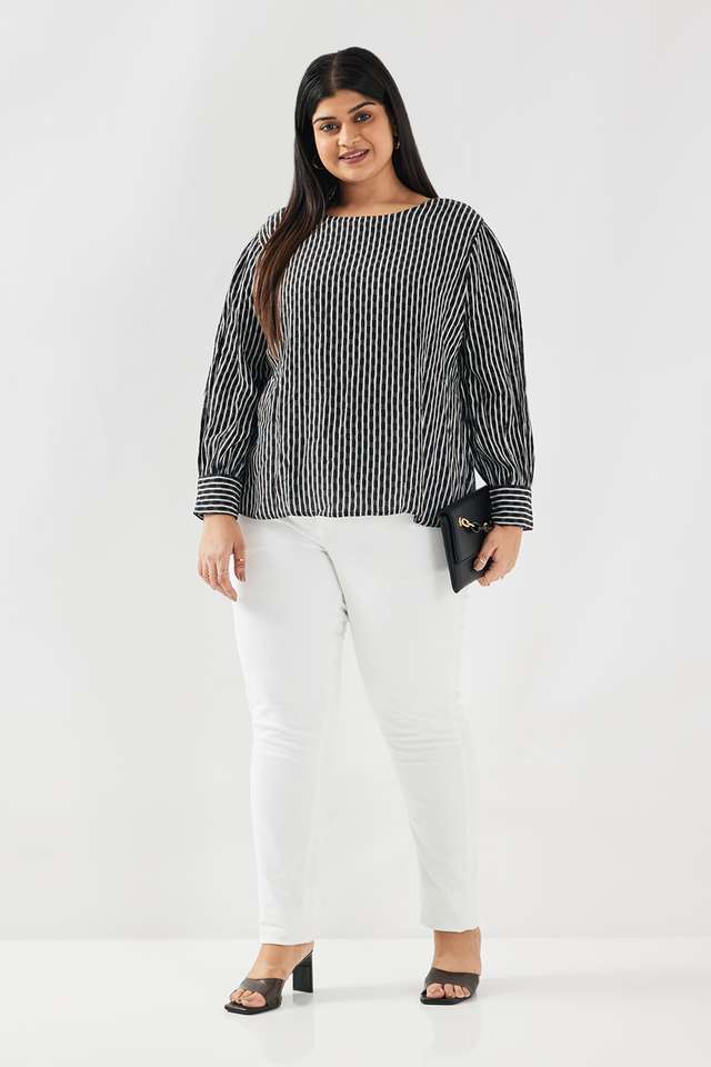 Stripes-Blended-Fabric-Round-Neck-Women-s-Top