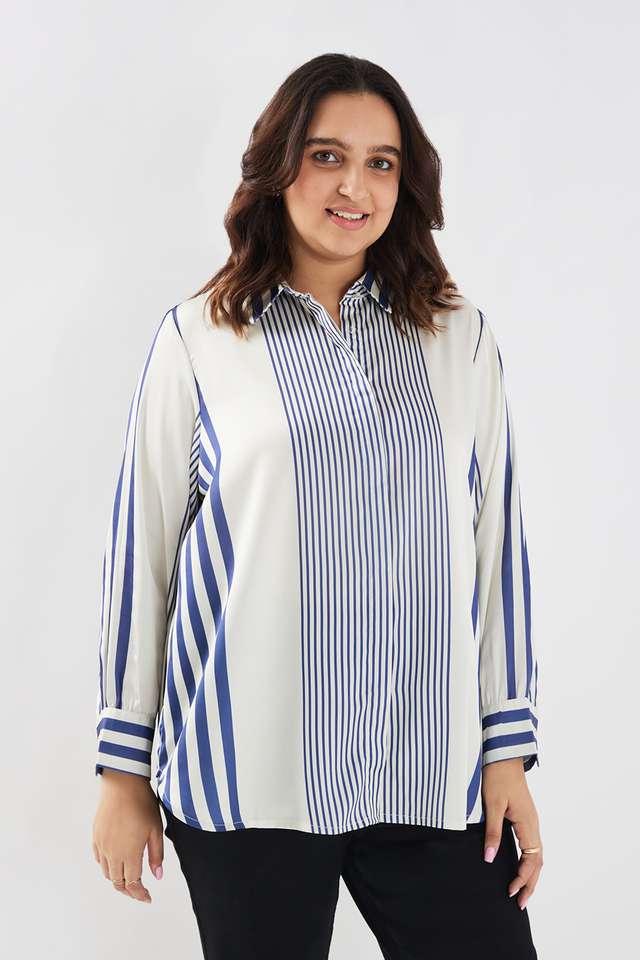Stripes-Blended-Fabric-Collared-Women-s-Shirt