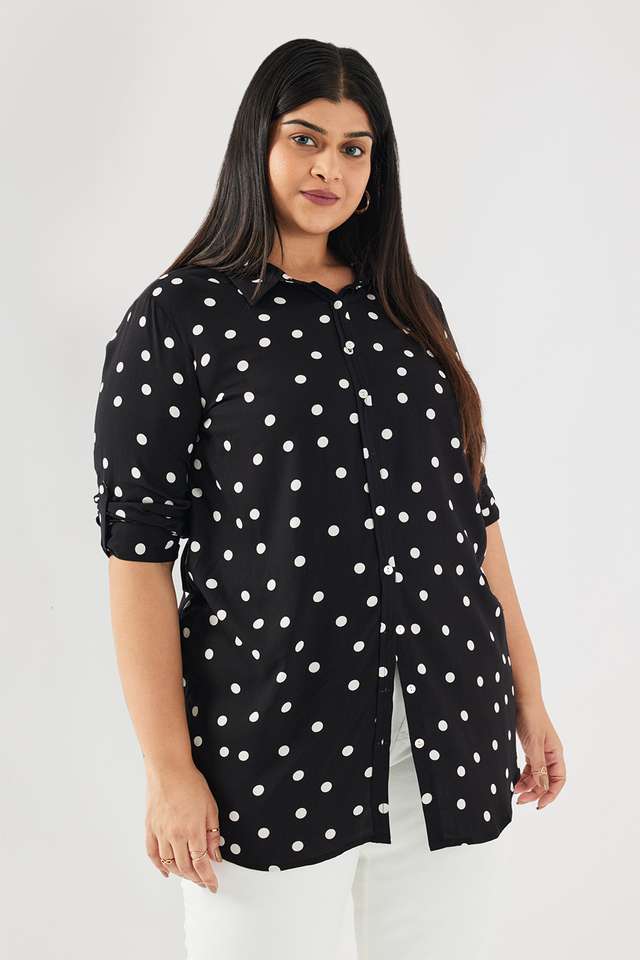 Polka-Dots-Blended-Fabric-Collared-Women-s-Top