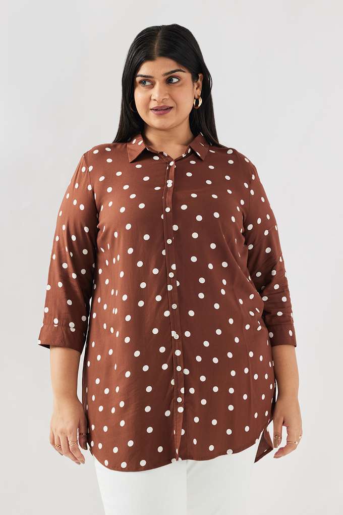 Polka-Dots-Blended-Fabric-Collared-Women-s-Shirt