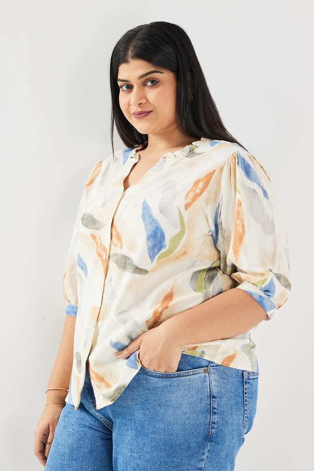 Printed-Blended-Fabric-V-Neck-Women-s-Shirt