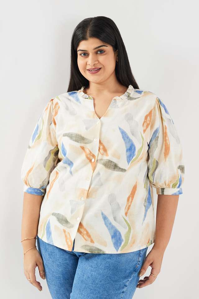 Printed-Blended-Fabric-V-Neck-Women-s-Shirt