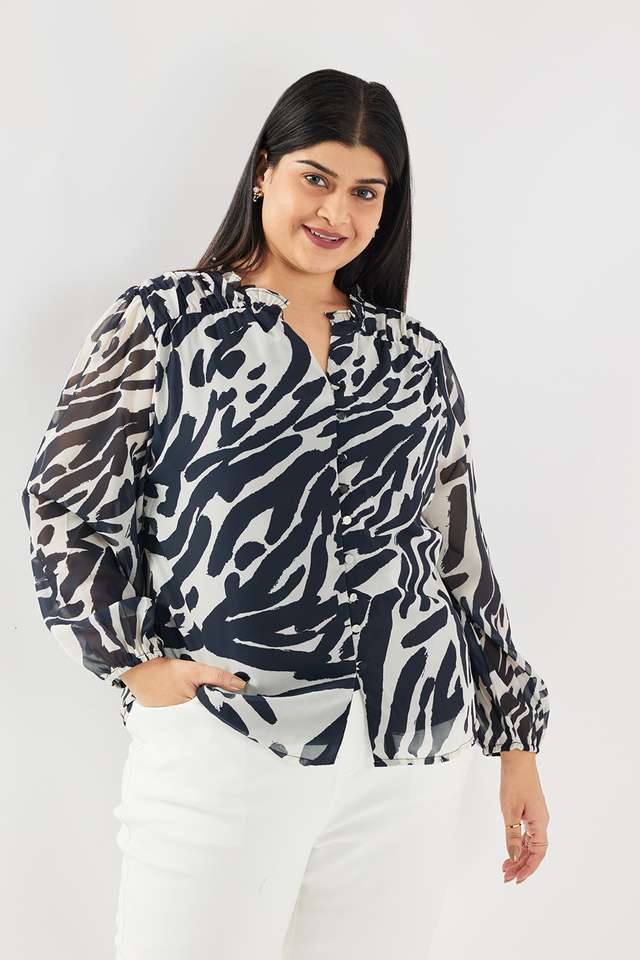 Animal-Print-Blended-Fabric-V-Neck-Women-s-Shirt