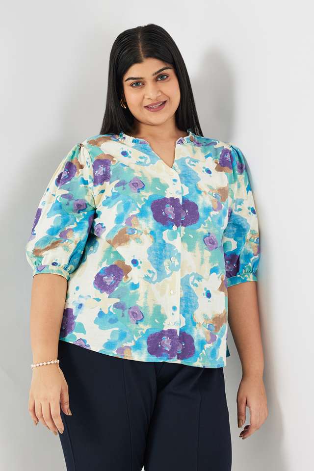 Floral-Blended-Fabric-V-Neck-Women-s-Top