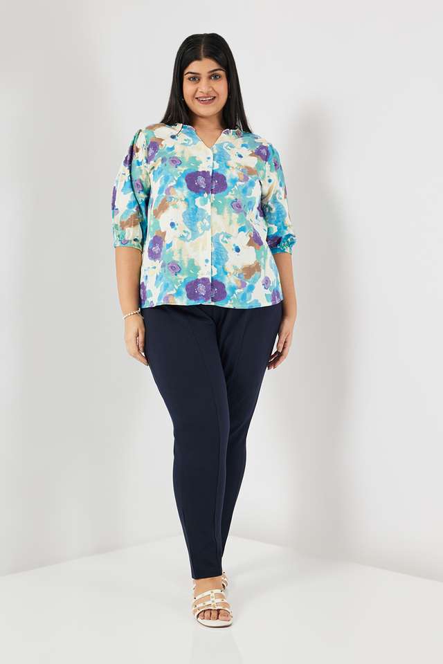 Floral-Blended-Fabric-V-Neck-Women-s-Top