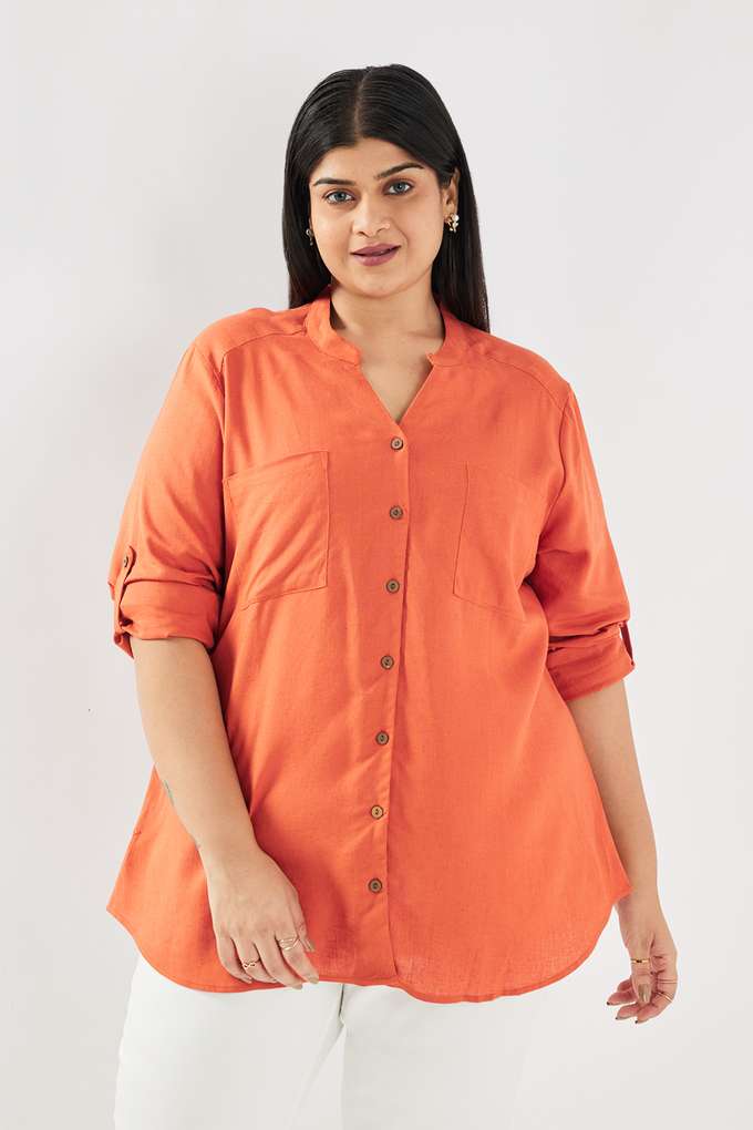 Plus-Size-Solid-Round-Neck-Blended-Fabric-Women-s-Casual-Wear-Shirt