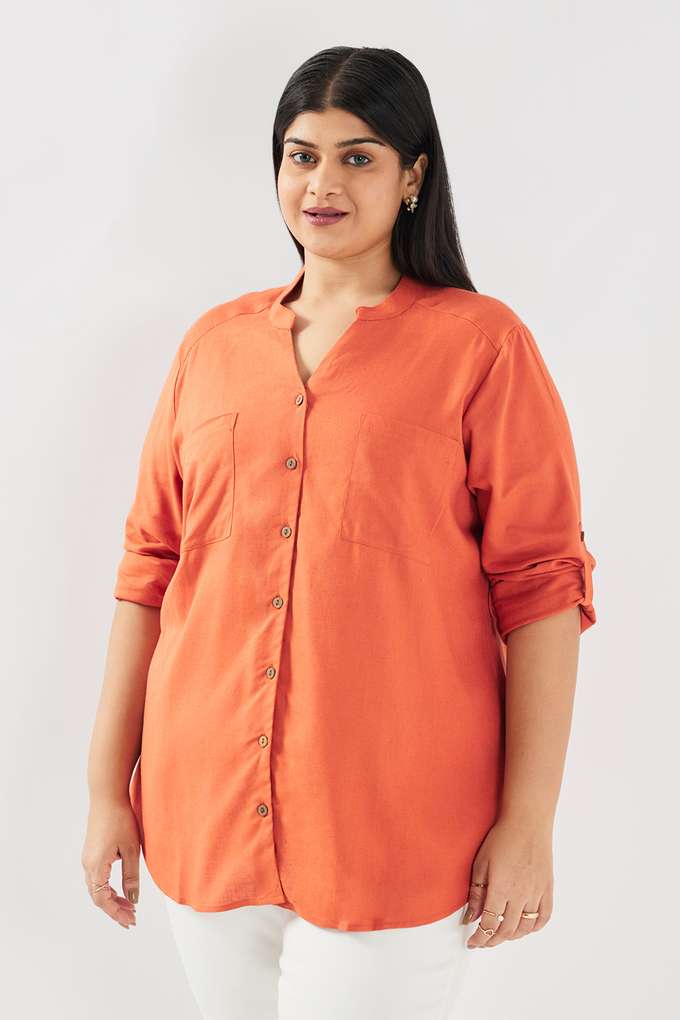 Plus-Size-Solid-Round-Neck-Blended-Fabric-Women-s-Casual-Wear-Shirt