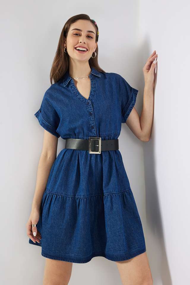 Solid-Denim-Collared-Women-s-Knee-Length-Dress