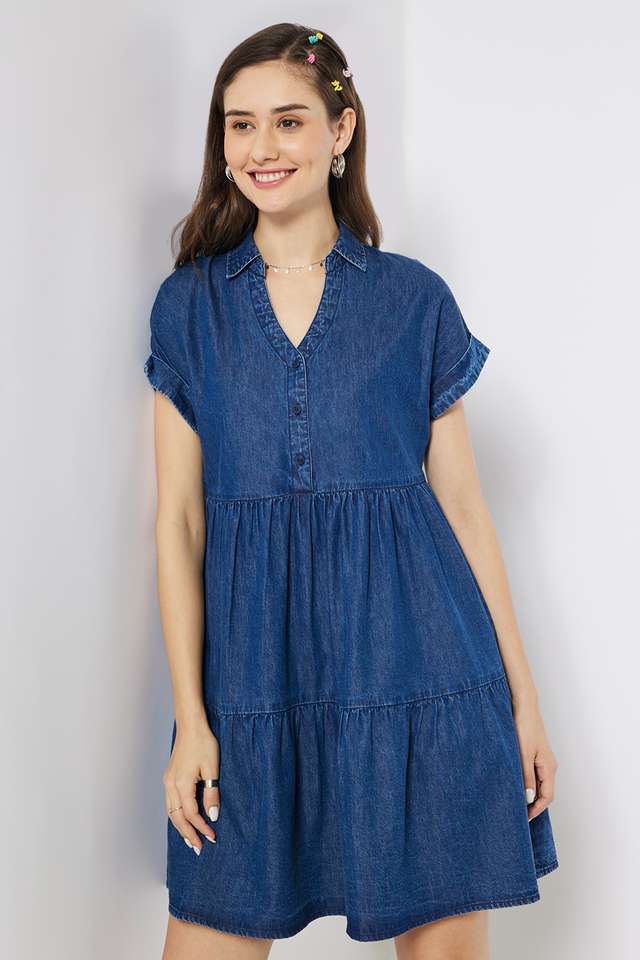 Solid-Denim-Collared-Women-s-Knee-Length-Dress
