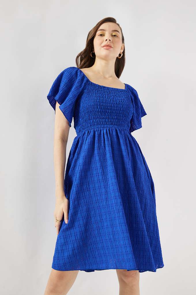 Solid-Blended-Fabric-Square-Neck-Women-s-Knee-Length-Dress