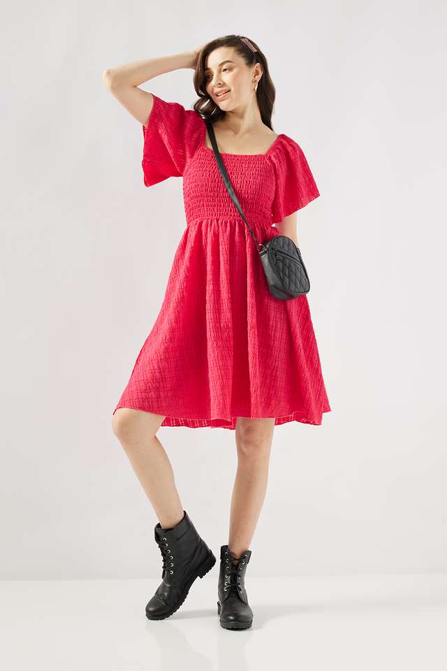 Solid-Blended-Fabric-Square-Neck-Women-s-Knee-Length-Dress