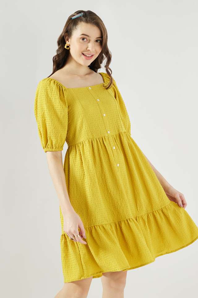 Solid-Blended-Fabric-Square-Neck-Women-s-Knee-Length-Dress