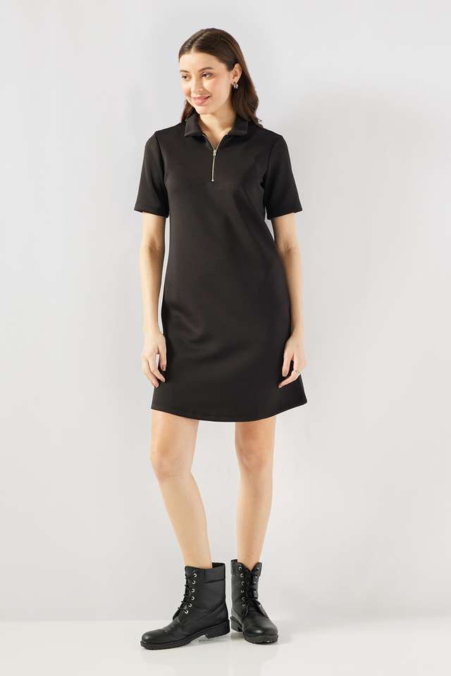 Solid-Blended-Fabric-Collared-Women-s-Knee-Length-Dress