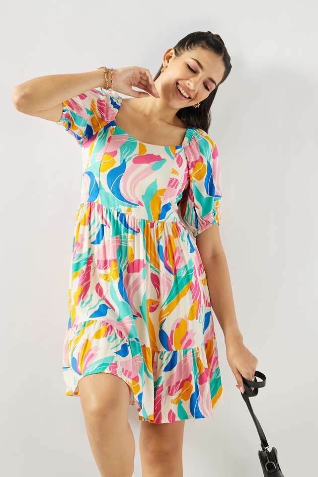 Printed-Blended-Fabric-Square-Neck-Women-s-Knee-Length-Dress