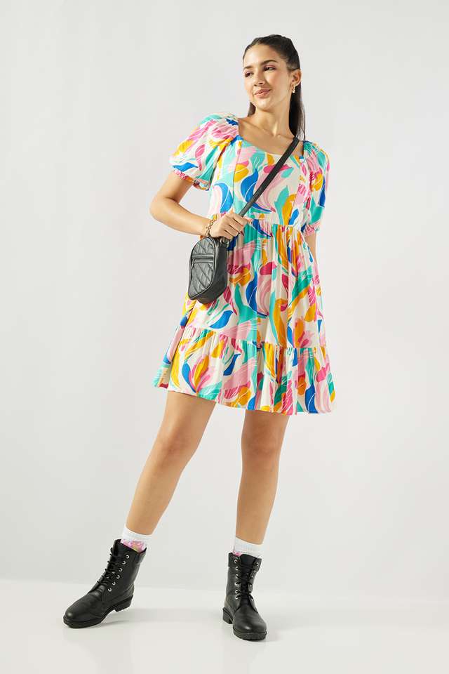 Printed-Blended-Fabric-Square-Neck-Women-s-Knee-Length-Dress