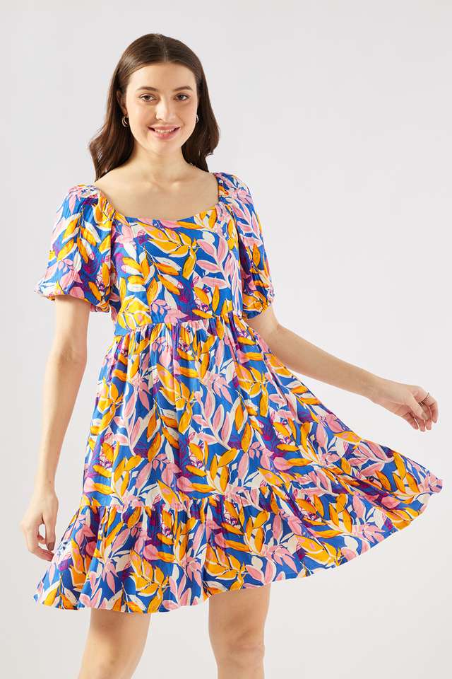 Printed-Blended-Fabric-Square-Neck-Women-s-Knee-Length-Dress