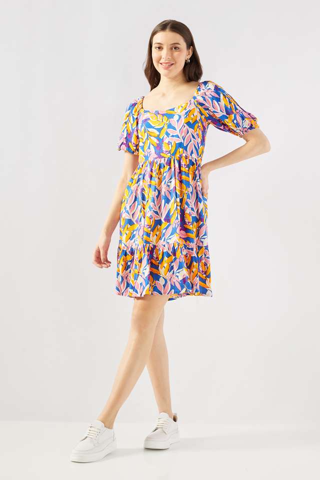 Printed-Blended-Fabric-Square-Neck-Women-s-Knee-Length-Dress