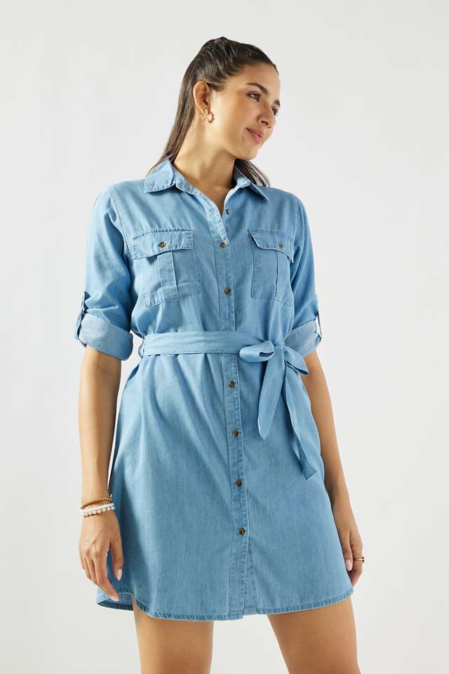 Solid-Round-Neck-Cotton-Women-s-Knee-Length-Dress