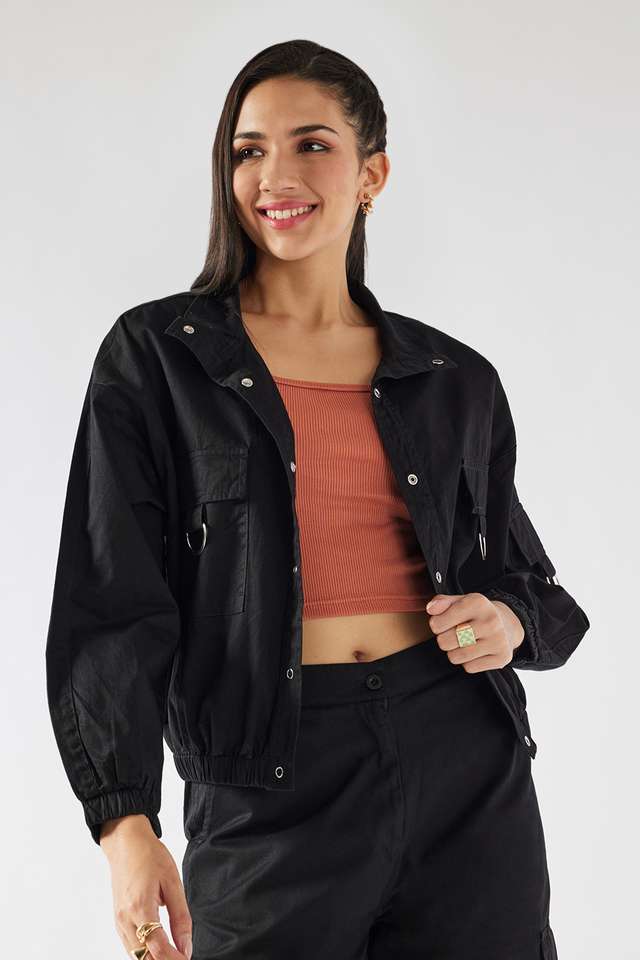 Solid-High-Neck-Viscose-Women-s-Casual-Wear-Jacket