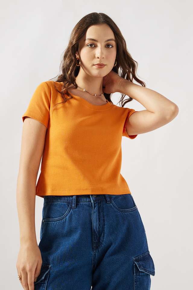 Solid-Cotton-Round-Neck-Women-s-T-Shirt