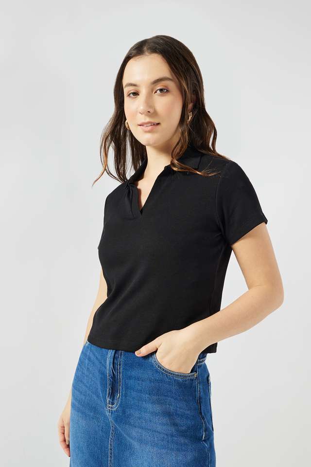 Solid-Blended-Fabric-Collared-Women-s-T-Shirt