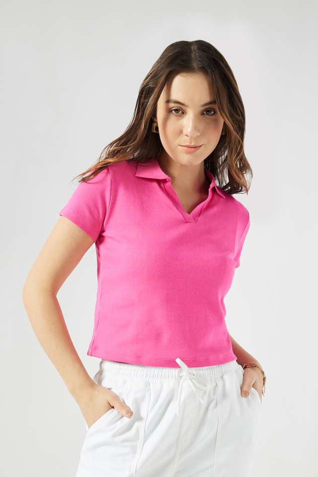 Solid-Blended-Fabric-Collared-Women-s-T-Shirt