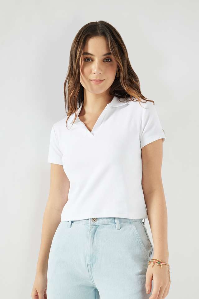 Solid-Blended-Fabric-Collared-Women-s-T-Shirt