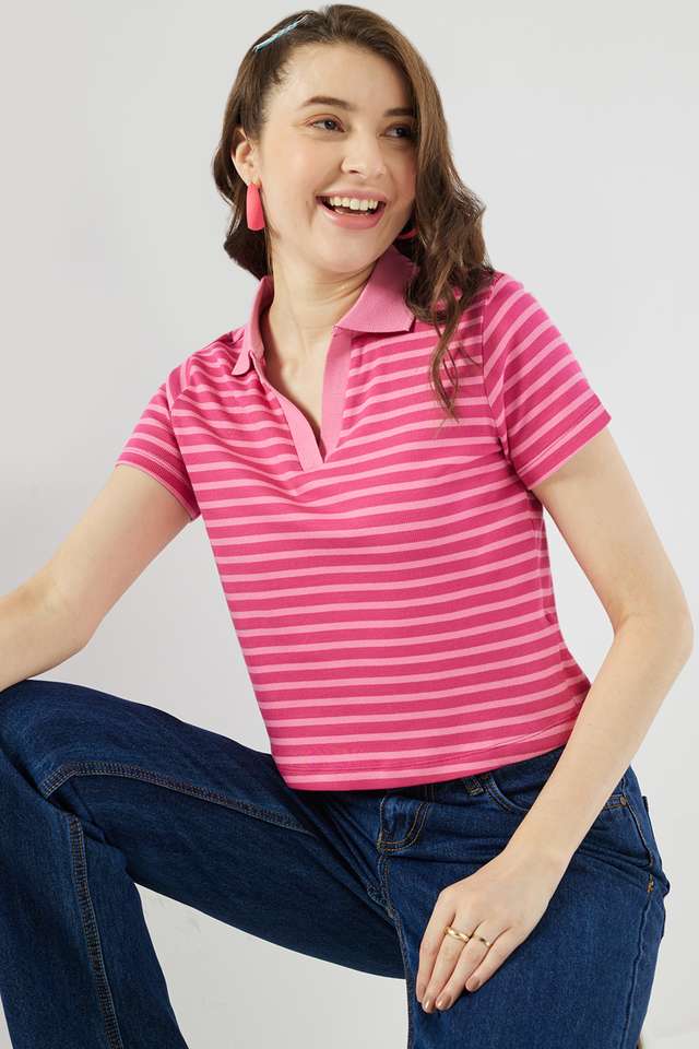 Tie-&-Dye-Blended-Fabric-Collared-Women-s-T-Shirt