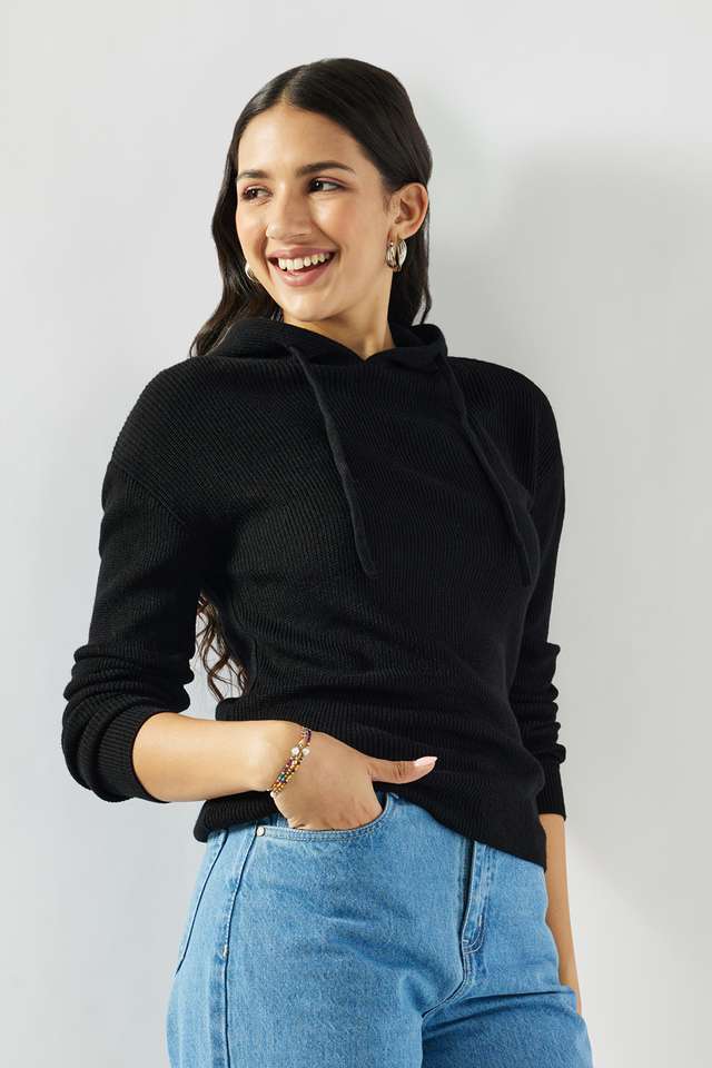 Solid-Hooded-Blended-Fabric-Women-Sweater