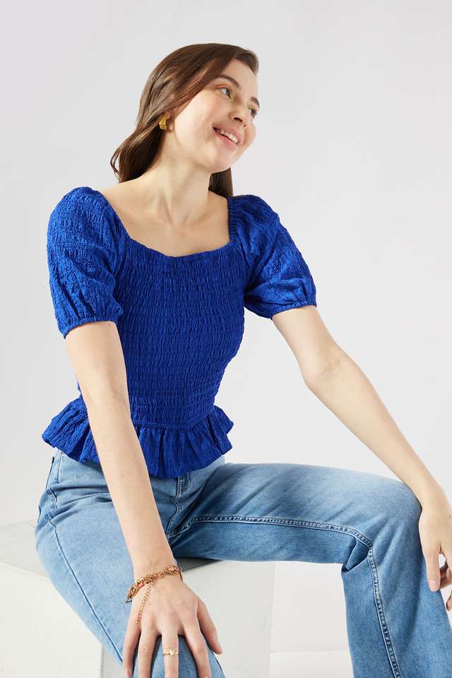 Solid-Blended-Fabric-Square-Neck-Women-s-Top