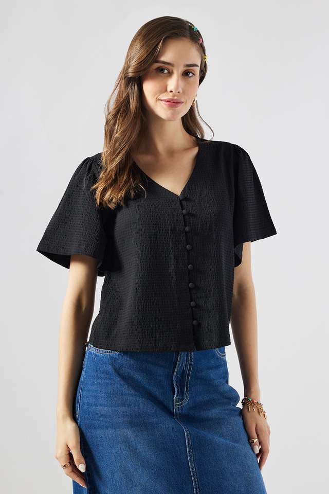Solid-Blended-Fabric-V-Neck-Women-s-Top