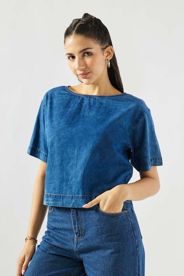 Solid-Denim-Round-Neck-Women-s-Top