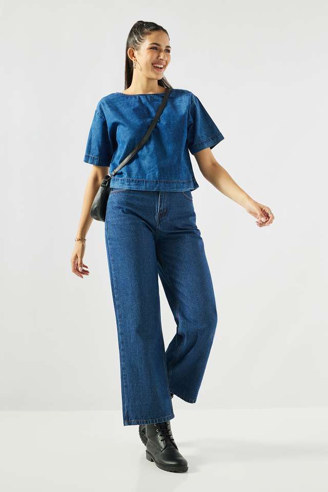 Solid-Denim-Round-Neck-Women-s-Top