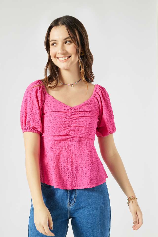 Solid-Blended-Fabric-Collared-Women-s-Top