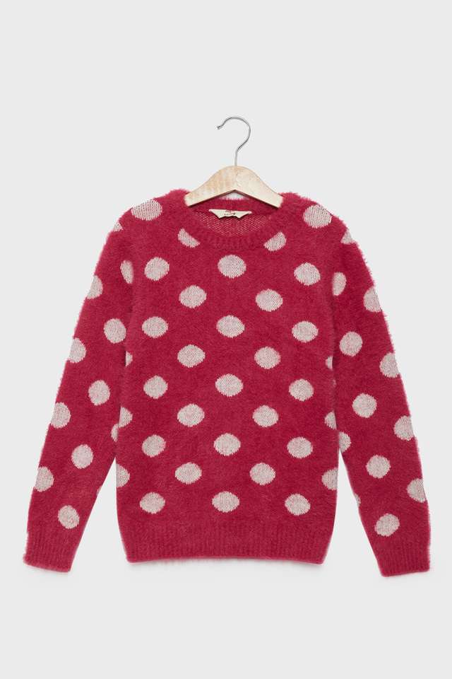 Polka-Dots-Blended-Fabric-Round-Neck-Girls-Sweater