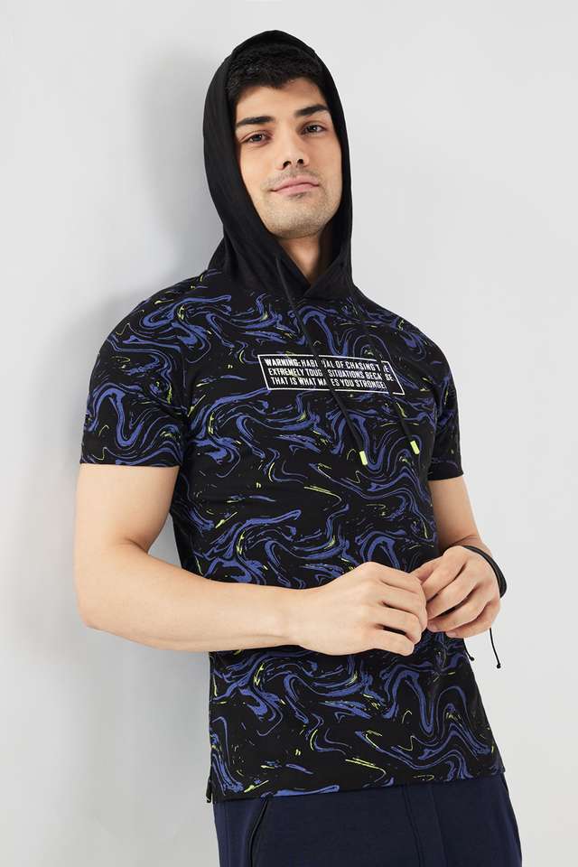 Solid-Cotton-Blend-Hooded-Men-s-T-Shirt