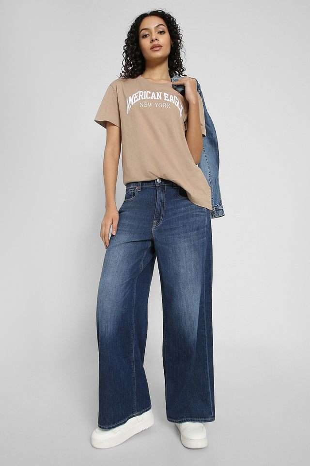 Buy American Eagle blue High Rise Blended Fabric Wide Leg Fit