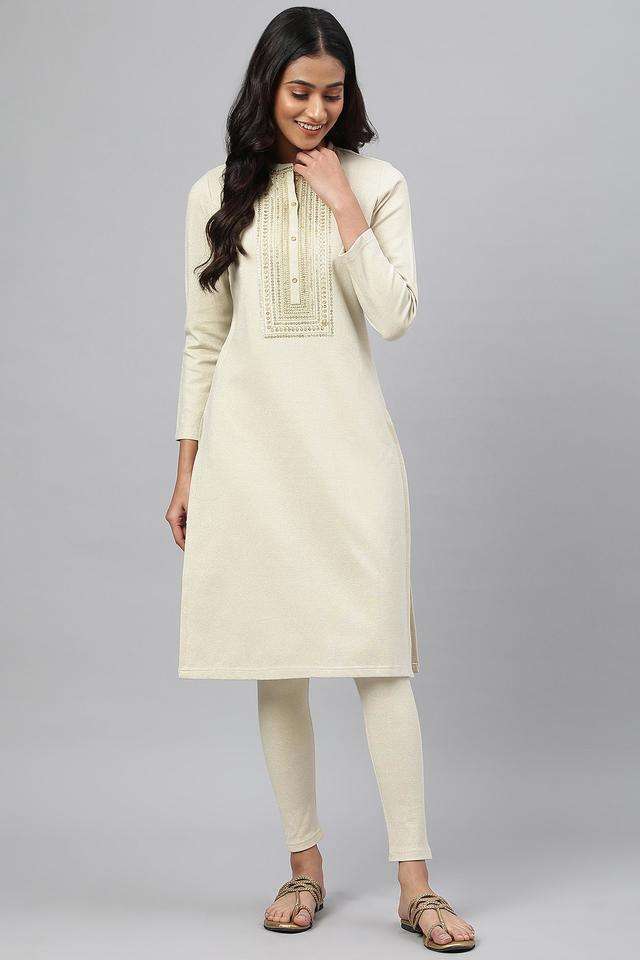 Solid-Polyester-Blend-Women-s-Festive-Wear-Kurta