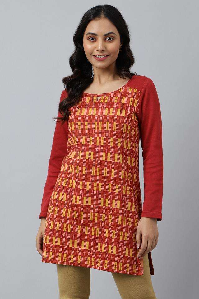 Geometric-Print-Polyester-Blend-Women-s-Casual-Wear-Kurti