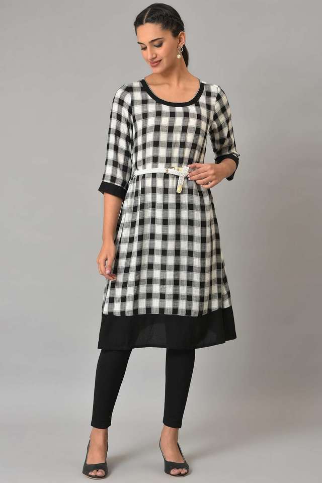 Checks-Rayon-Round-Neck-Women-s-Casual-Wear-Kurta