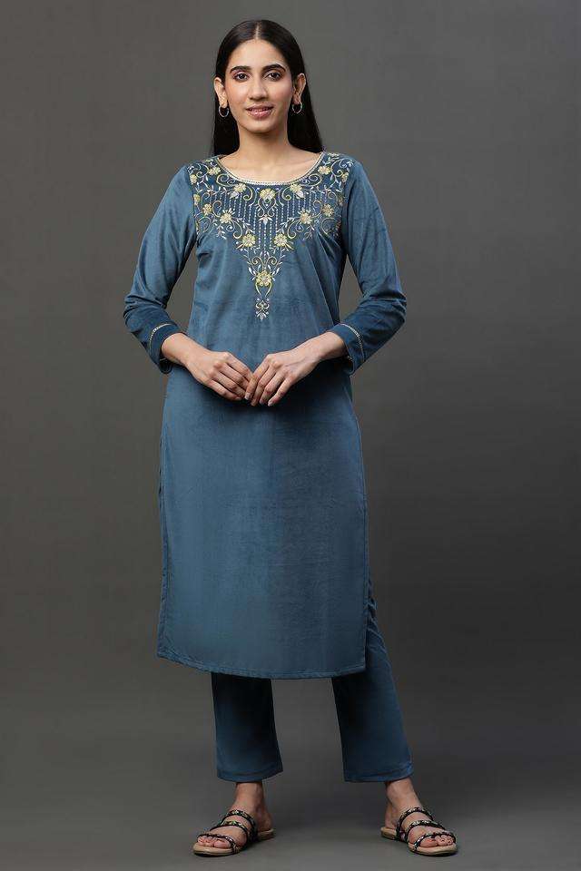 Solid-Knee-Length-Polyester-Women-s-Kurta-Set