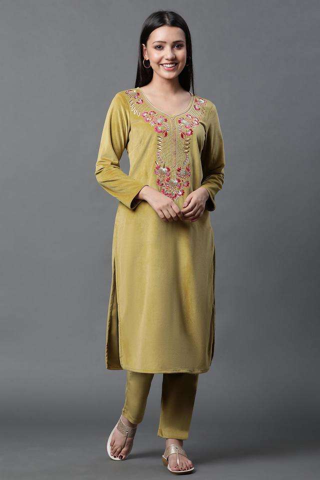 Solid-Knee-Length-Polyester-Women-s-Kurta-Set